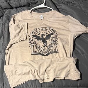 Beige Graphic Tee with Dragon & Book Design